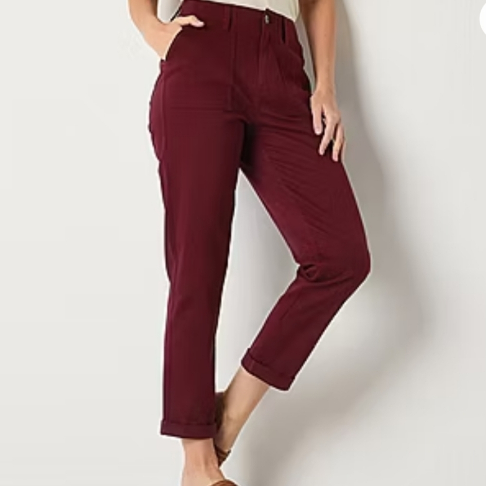 St. John's Bay Utility Womens Slim Mid Rise Ankle Pants Autumn Burgandy